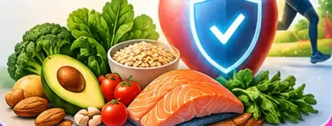 Alimentos saudáveis, coração com escudo e pessoa correndo